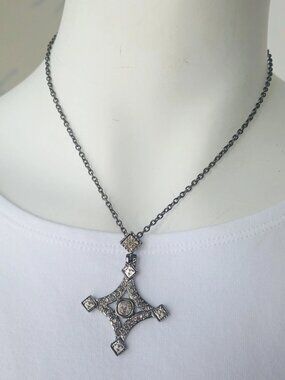 TAT2 Channel Set Crystal Gunmetal Pendant Necklace